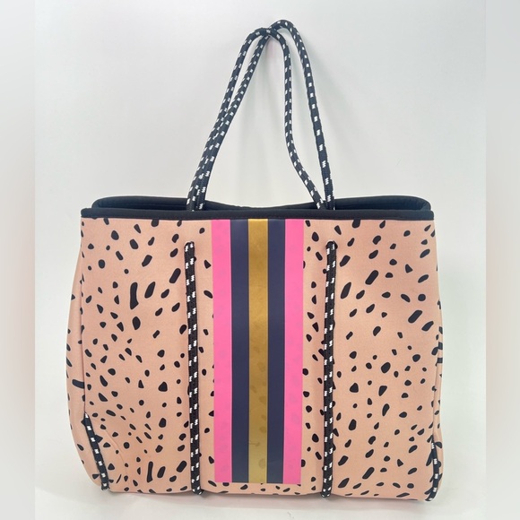 Large Neoprene Tote Bag and Wristlet Spring Fawn Blush Dots Pink Navy Stripes - Picture 4 of 15